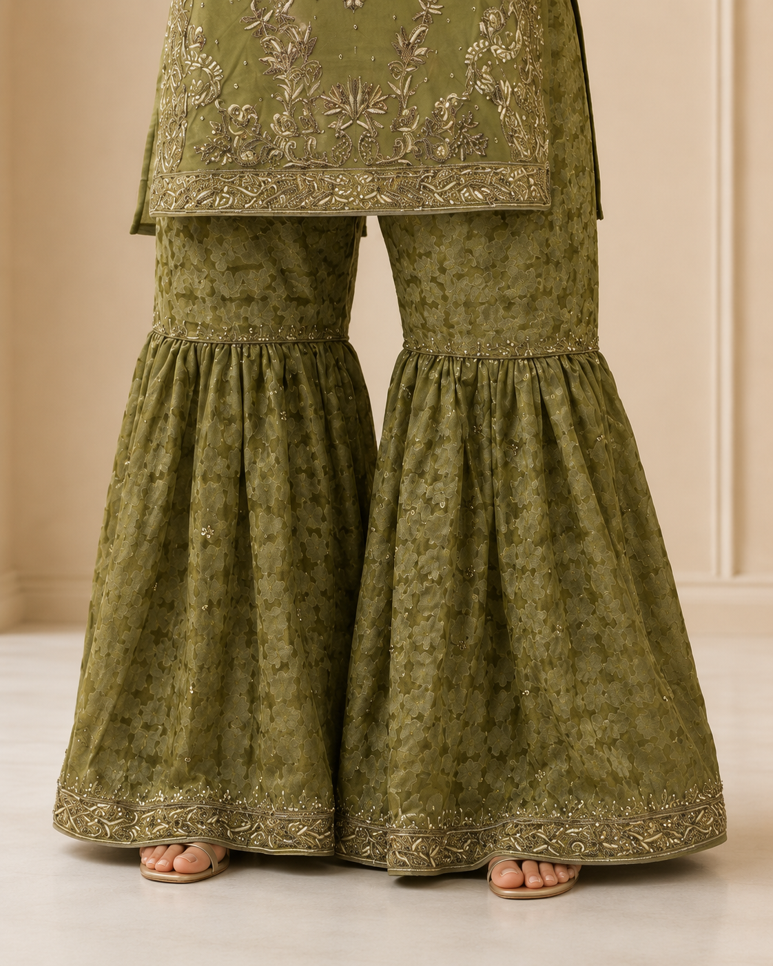 Olive Green Handmade Mehndi Dress Gharara Set