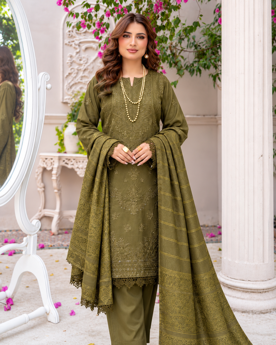 Riaz Arts Musfirah Luxury Winter Embroidered Wool Touch Peach Suit