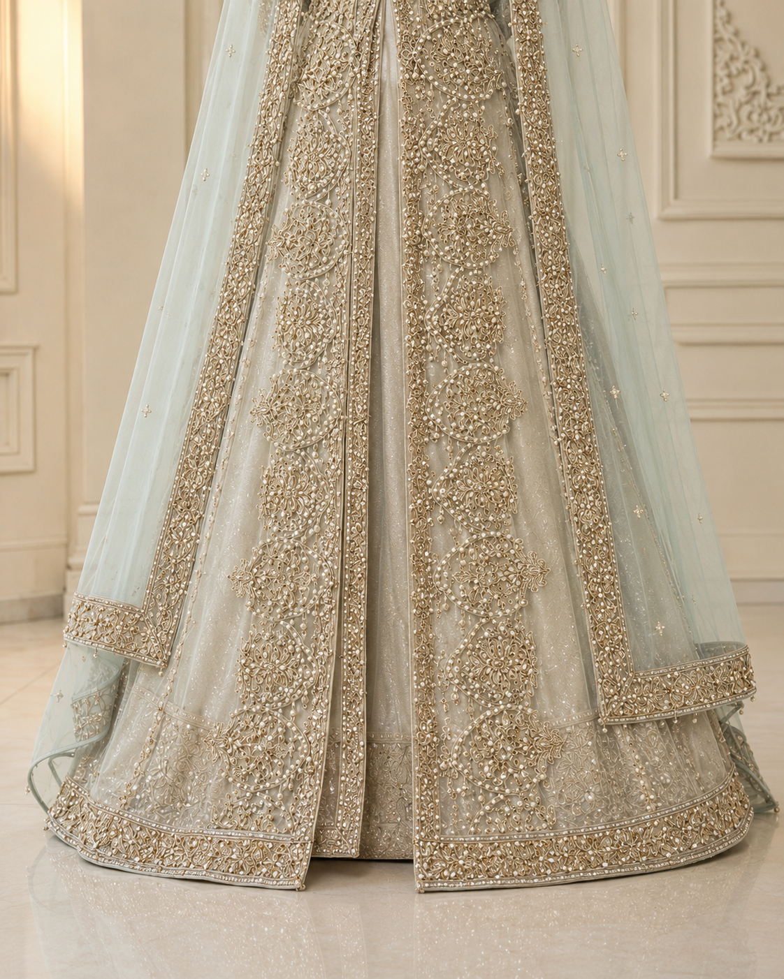 Light Mint Green Open-Style Cora Dabka Wedding Maxi – Ready to Wear