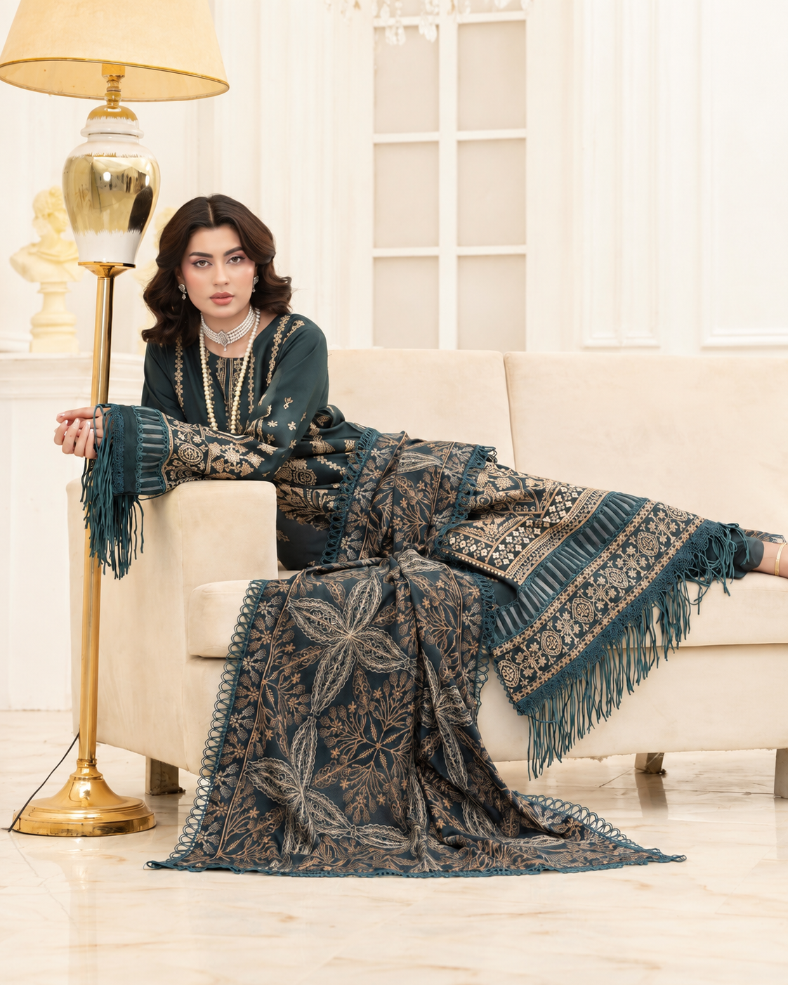Mahveen by Johra Luxury Winter Embroidered Peach Leather Suit with Wool Shawl