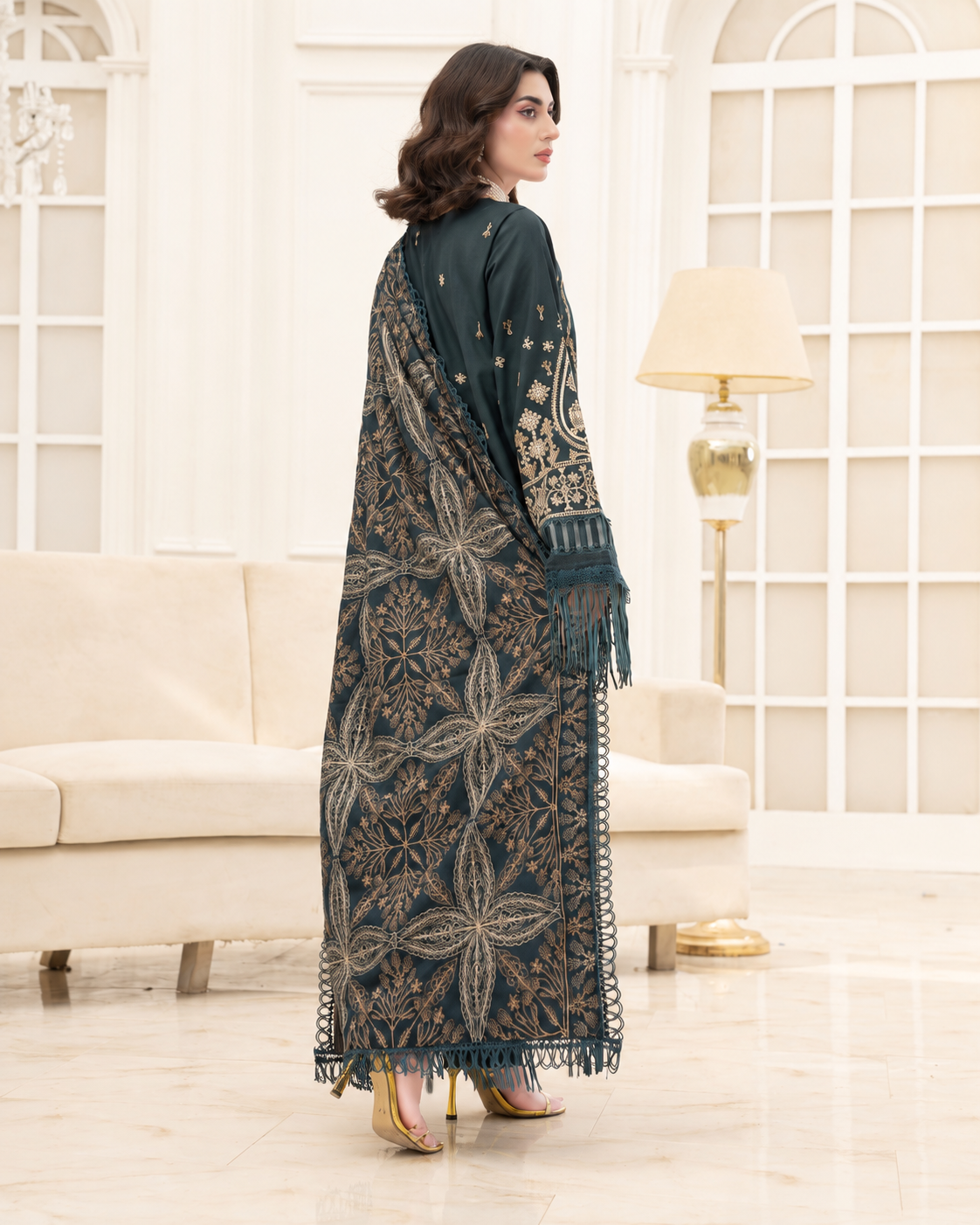 Mahveen by Johra Luxury Winter Embroidered Peach Leather Suit with Wool Shawl