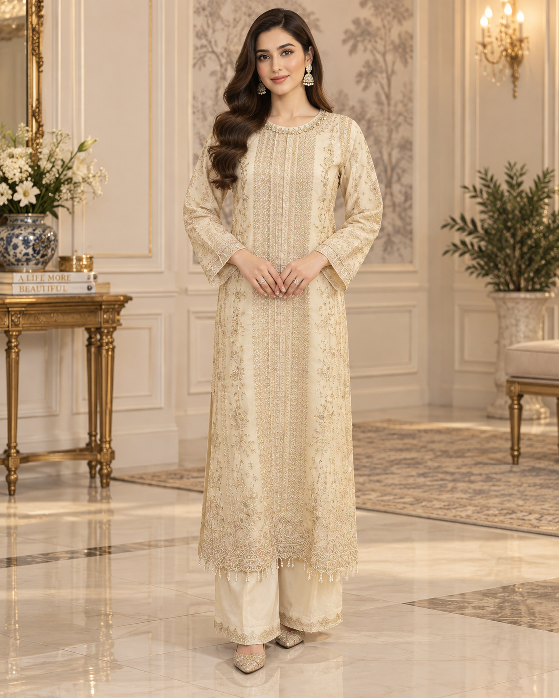 Allys Ivory Organza Embroidered 3-Piece Luxury Formal Suit