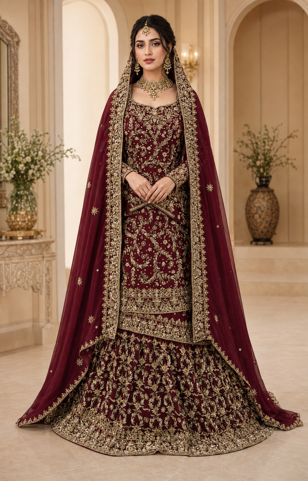 Classic Maroon Silk Bridal Farshi Lehenga with Floral Kora Dabka Work