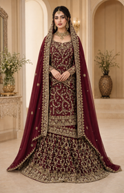 Classic Maroon Silk Bridal Farshi Lehenga with Floral Kora Dabka Work