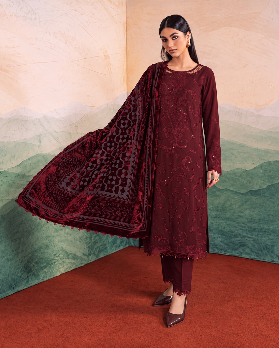 Riaz Arts Exclusive by Daria Embroidered Leather Peach Suit with Velvet Palachi Shawl
