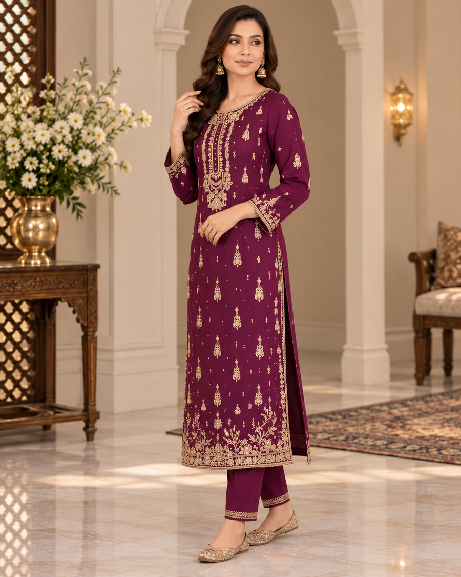 Deep Plum Handmade Embellished 3-Piece Formal Suit – Ready to Wear