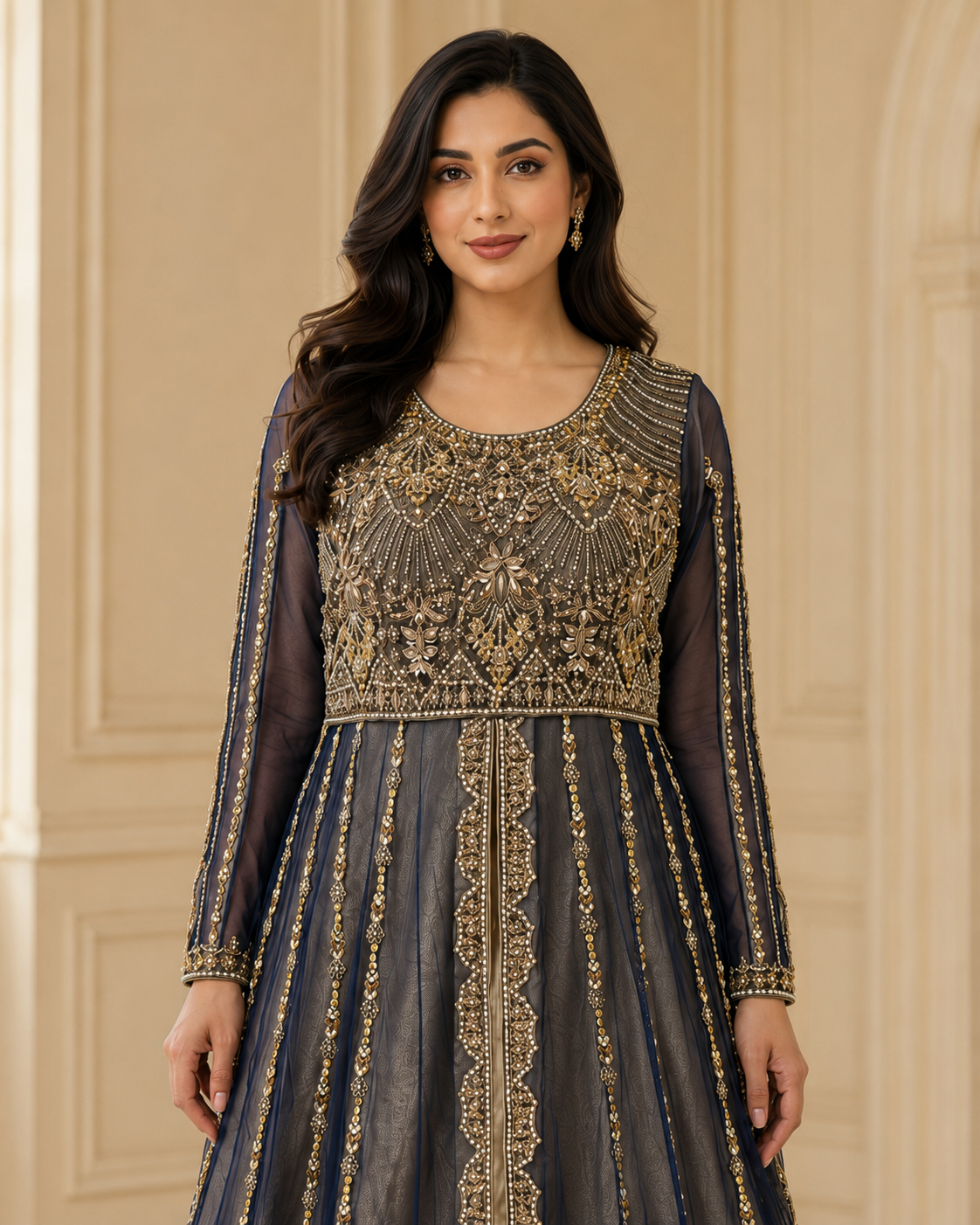 Navy Blue Open-Style Cora Dabka Maxi Dress for Wedding – Ready to Wear