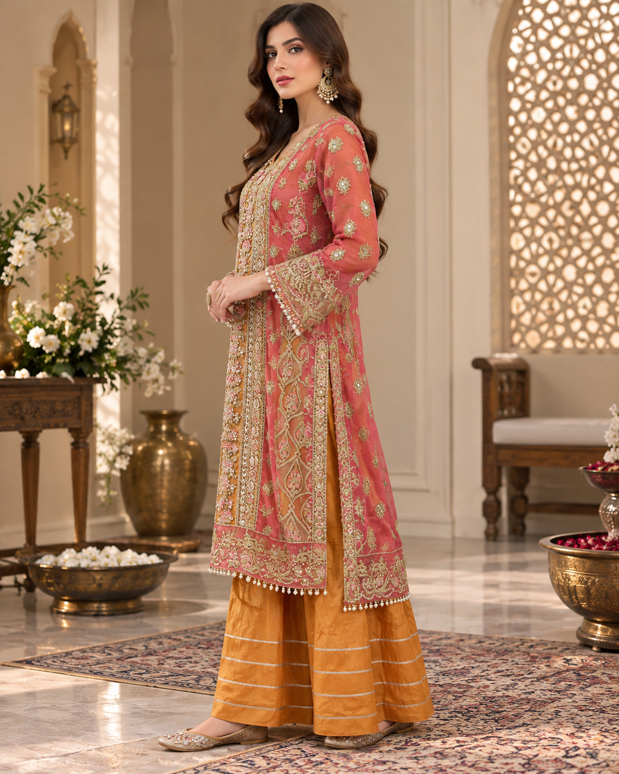 Allys Coral Pink Organza Open Shirt with Mustard Gharara