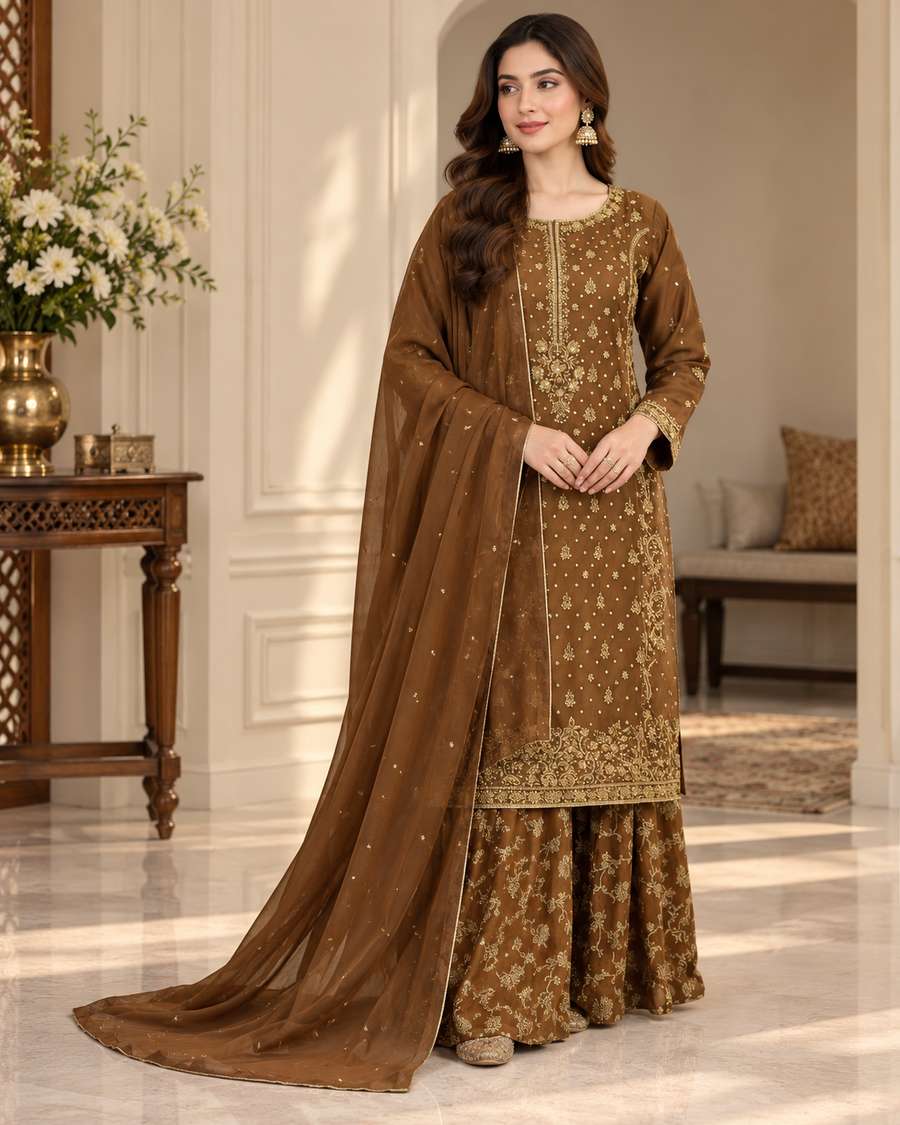 Mocha Brown Handworked 3-Piece Ready to Wear Formal Suit