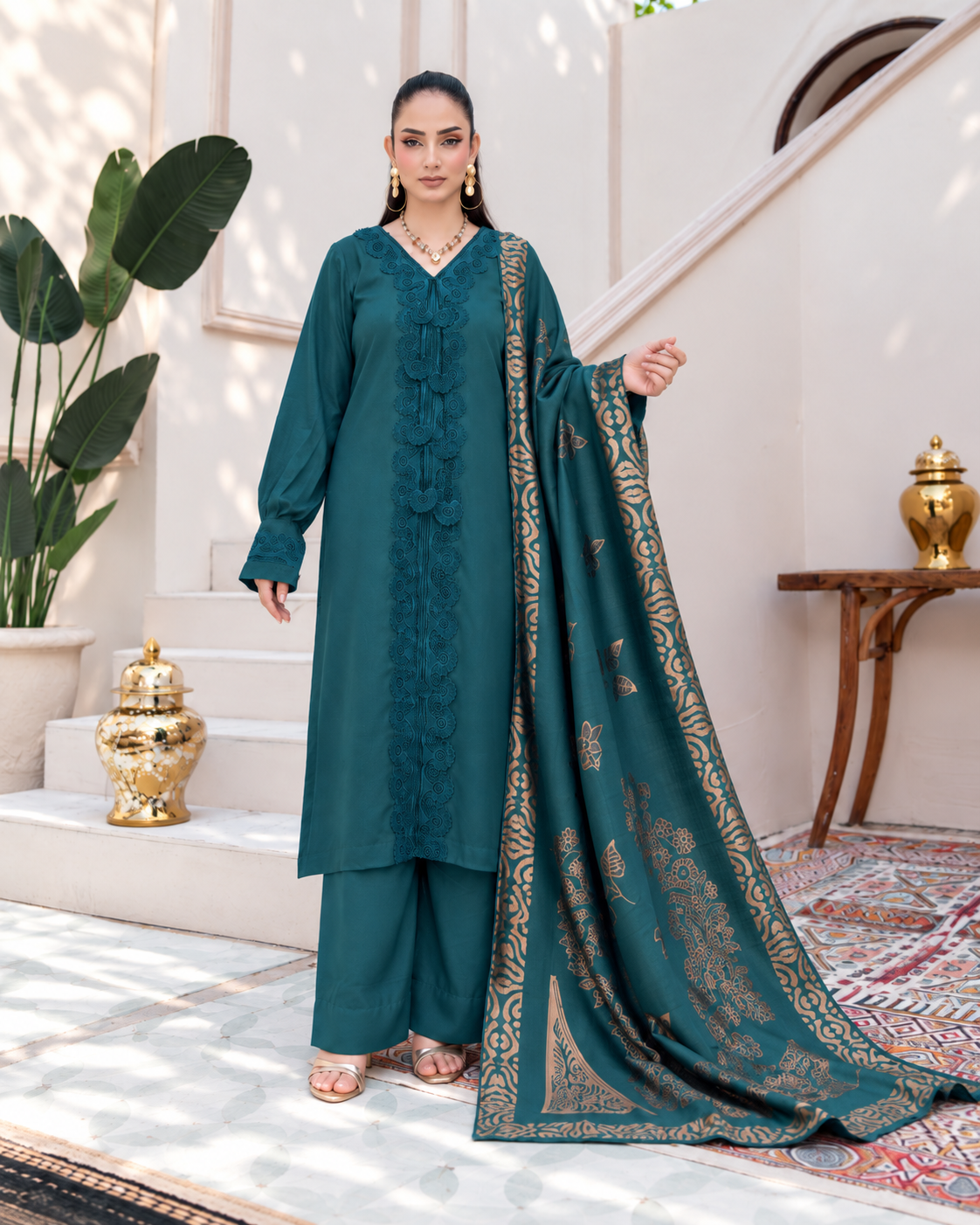 Riaz Arts Deedar Wool Touch Peach Suit with Banarsi Jacquard Wool Shawl