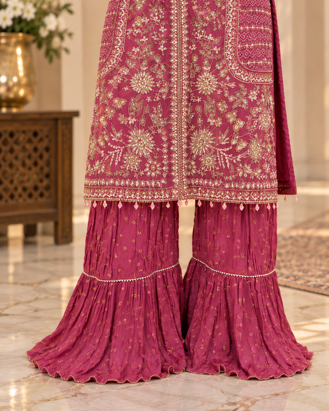 Allys Magenta Organza Open Shirt with Flared Gharara