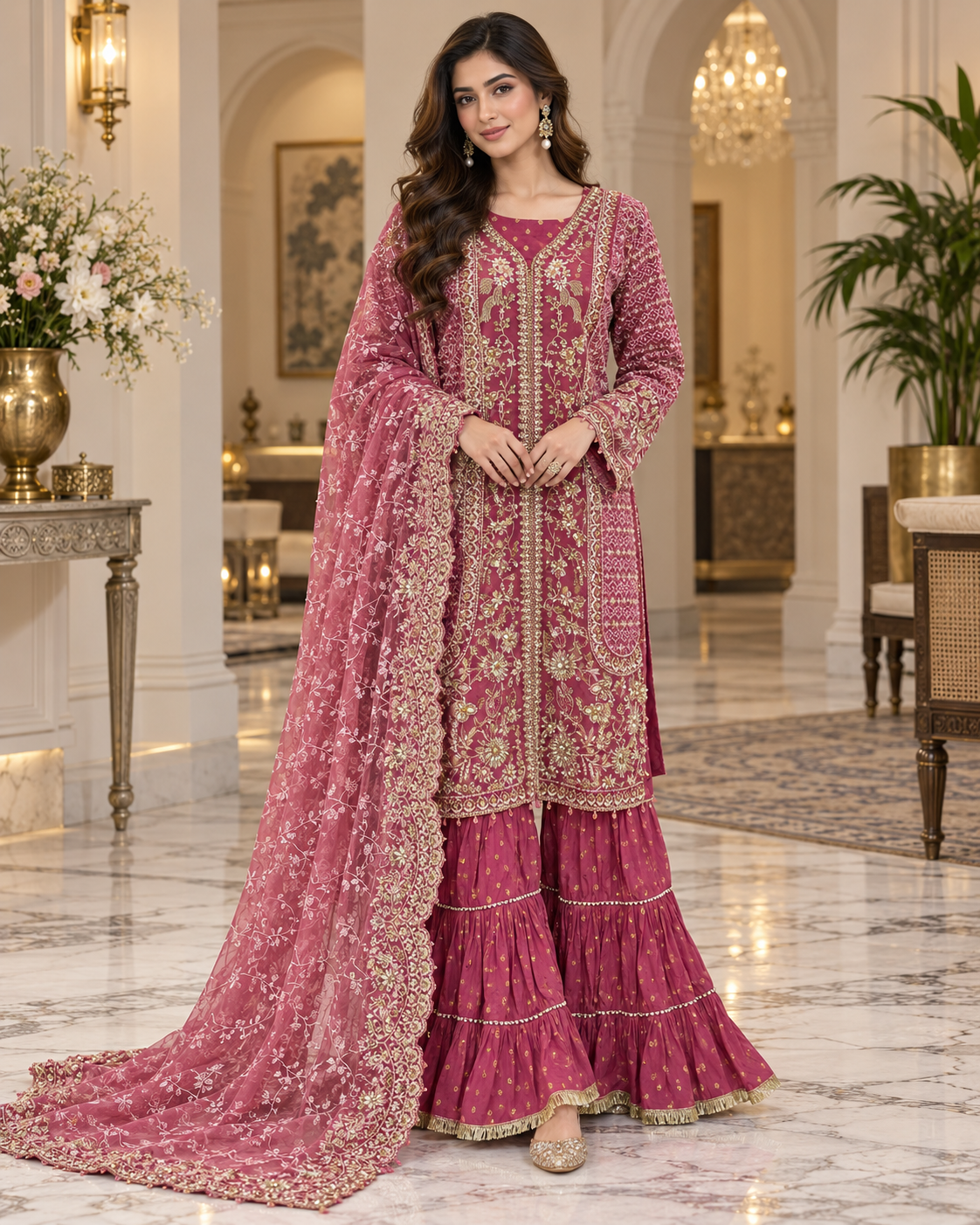 Allys Magenta Organza Open Shirt with Flared Gharara
