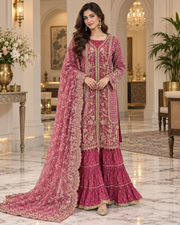 Allys Magenta Organza Open Shirt with Flared Gharara