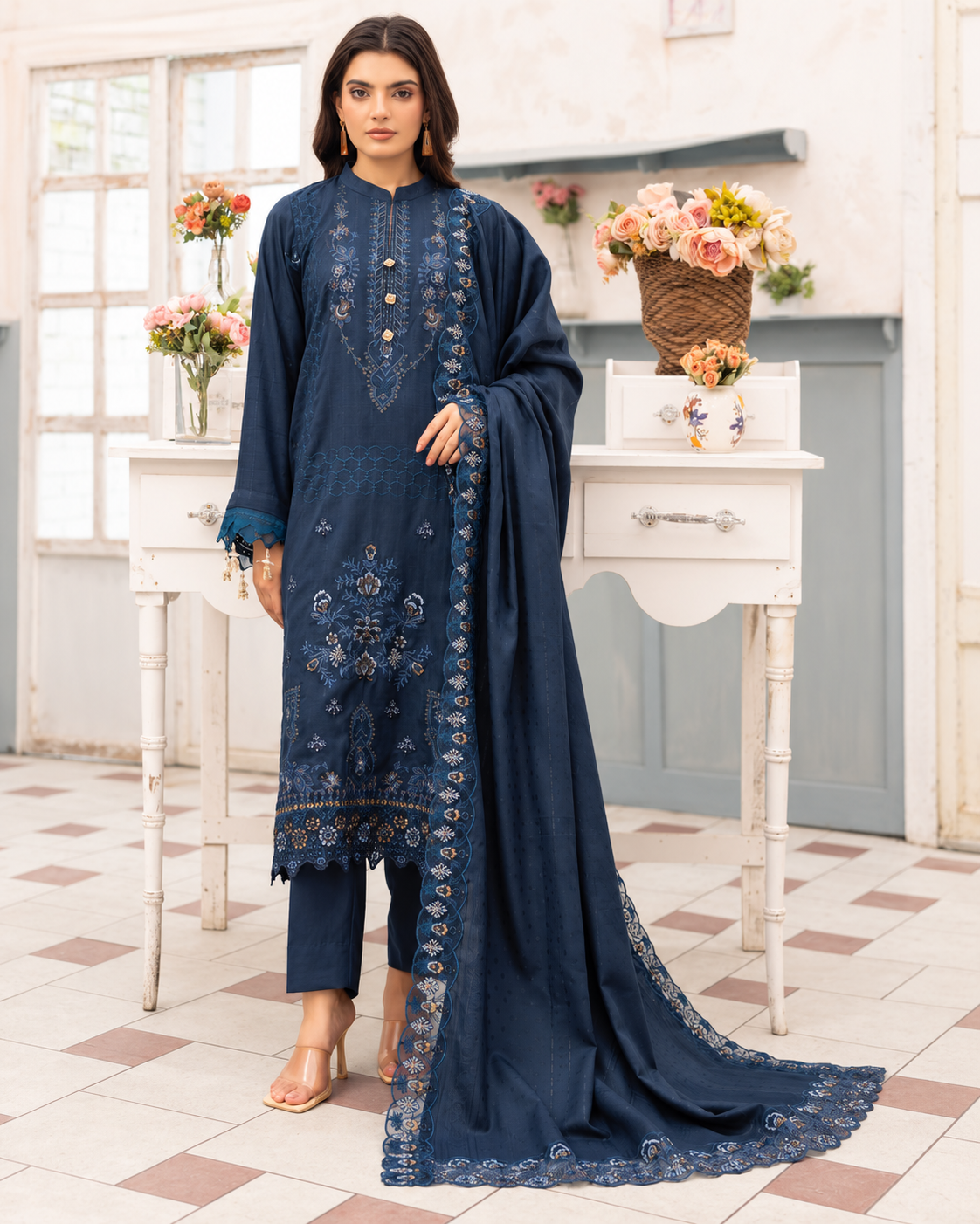 Shaista Festive Sami Peach Embroidered 3 Piece Suit with Full Embroidered Dupatta
