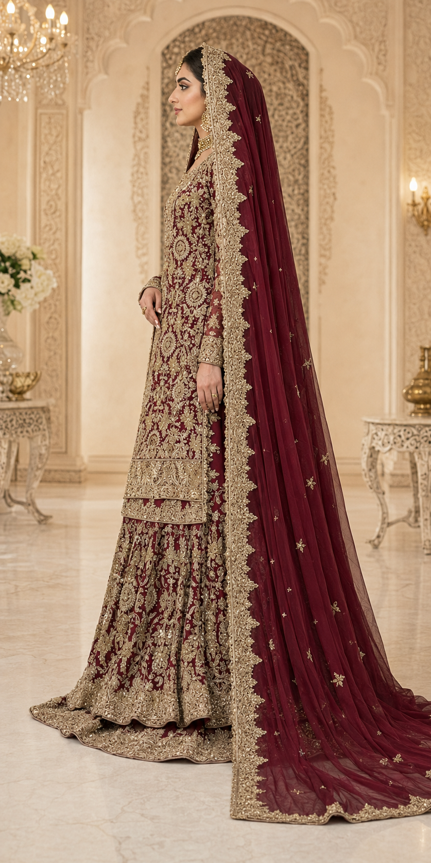 Heritage Maroon Chiffon Bridal Farshi Lehenga with Handmade Kora Dabka Work