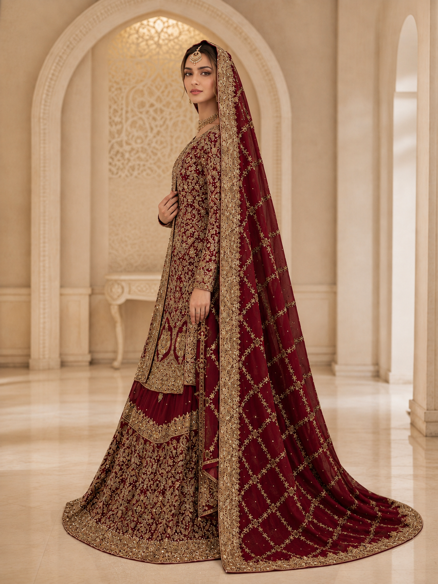 Regal Maroon Silk Bridal Farshi Lehenga with Heavy Handmade Kora Dabka Work