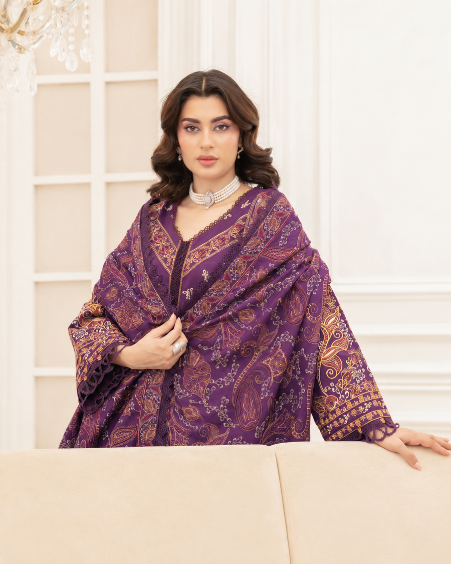 Mahveen by Johra Luxury Winter Embroidered Peach Leather Suit with Wool Shawl