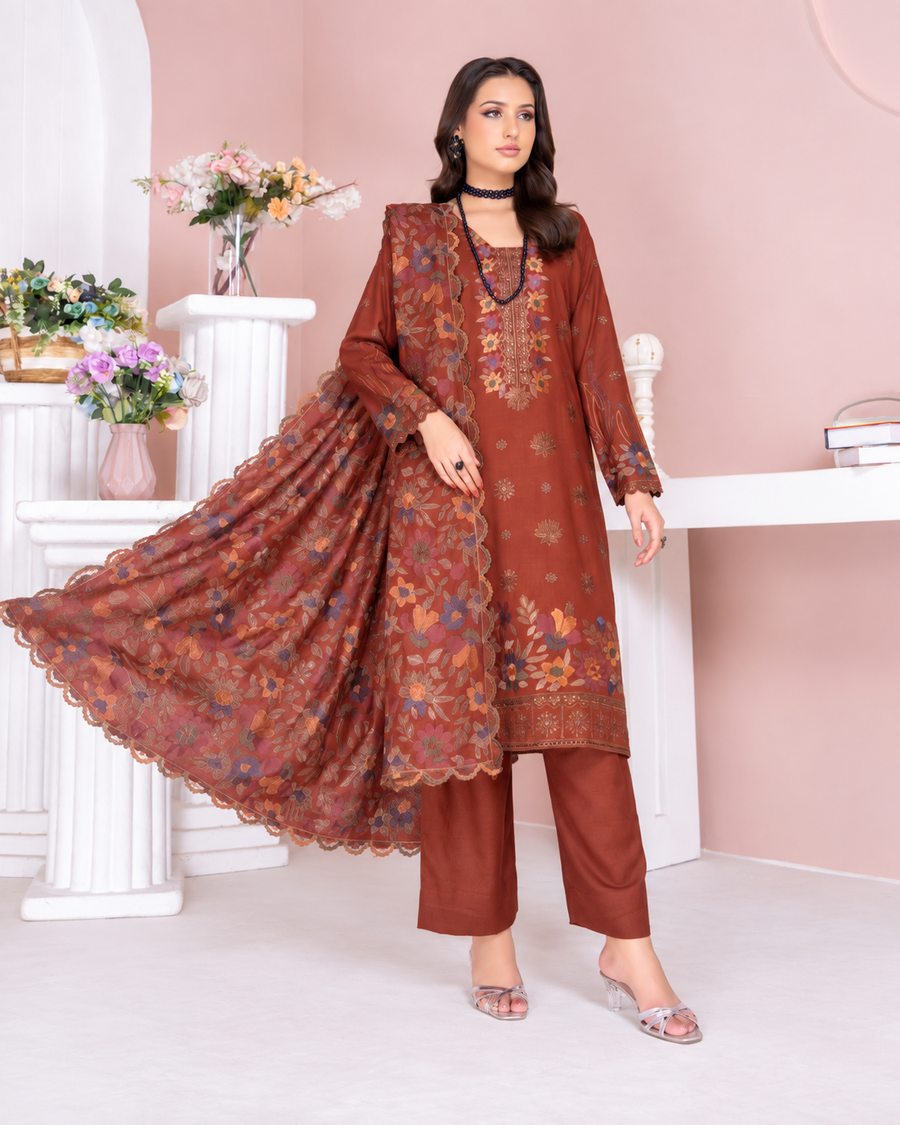 Riaz Arts Kamyar Luxury Winter Embroidered Wool Touch Peach Suit