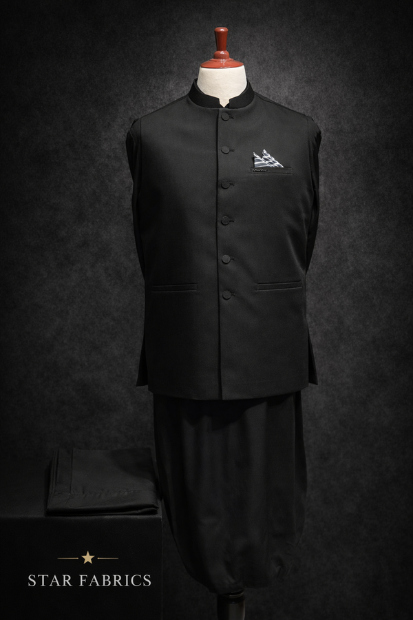 Premium Black Shalwar Kameez with Waistcoat – Wash & Wear Men’s Elegant Suit | Star Fabrics
