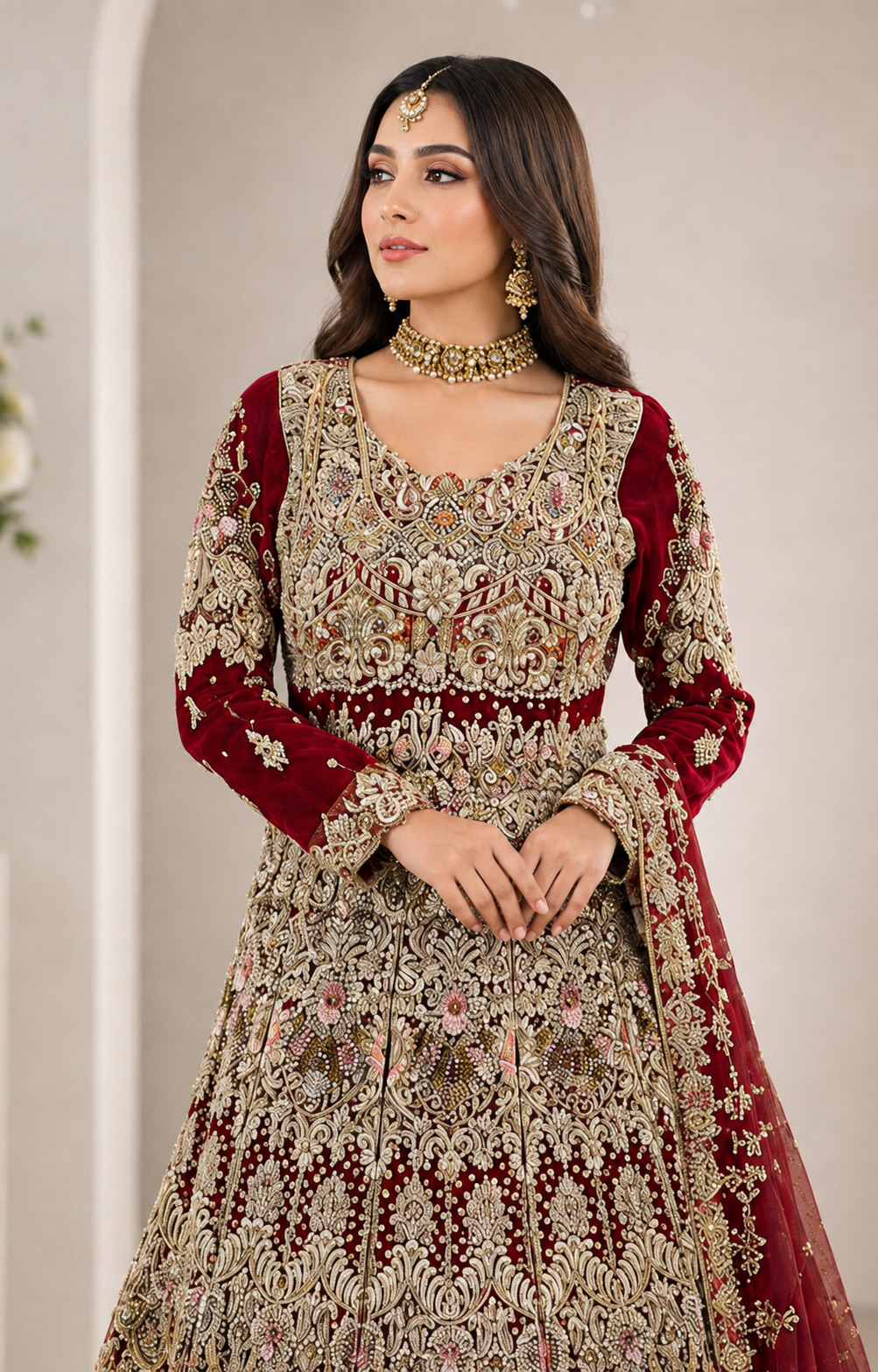 Luxury Deep Maroon Bridal Lehenga with Heavy Gold Embroidery