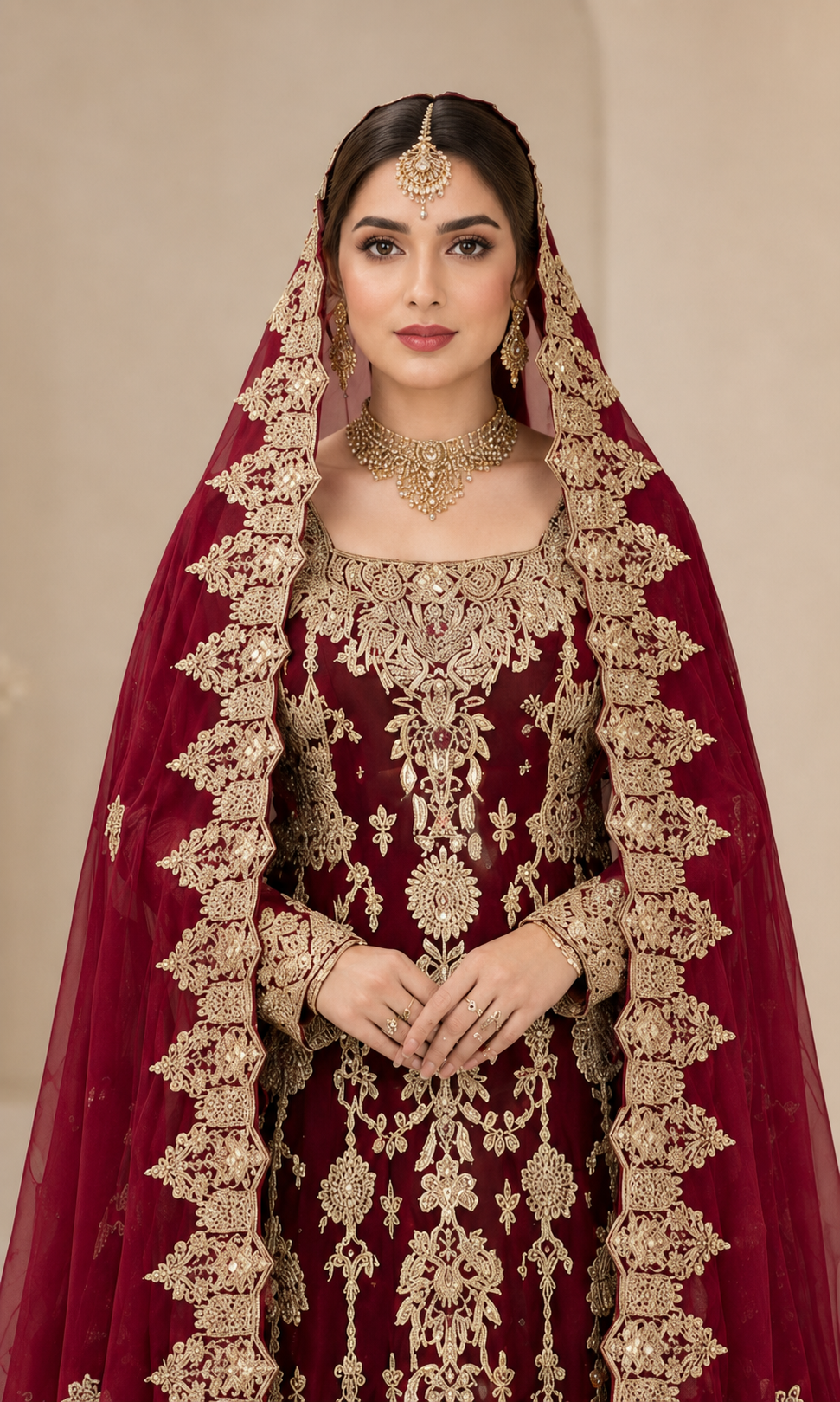 Luxury Maroon Chiffon Bridal Lehenga with Handmade Kora Dabka Work