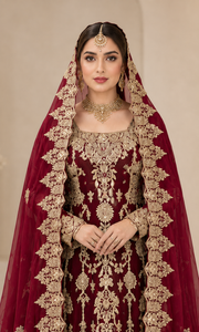Luxury Maroon Chiffon Bridal Lehenga with Handmade Kora Dabka Work
