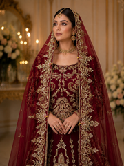 Royal Maroon Net Bridal Lehenga with Heavy Handmade Kora Dabka Work