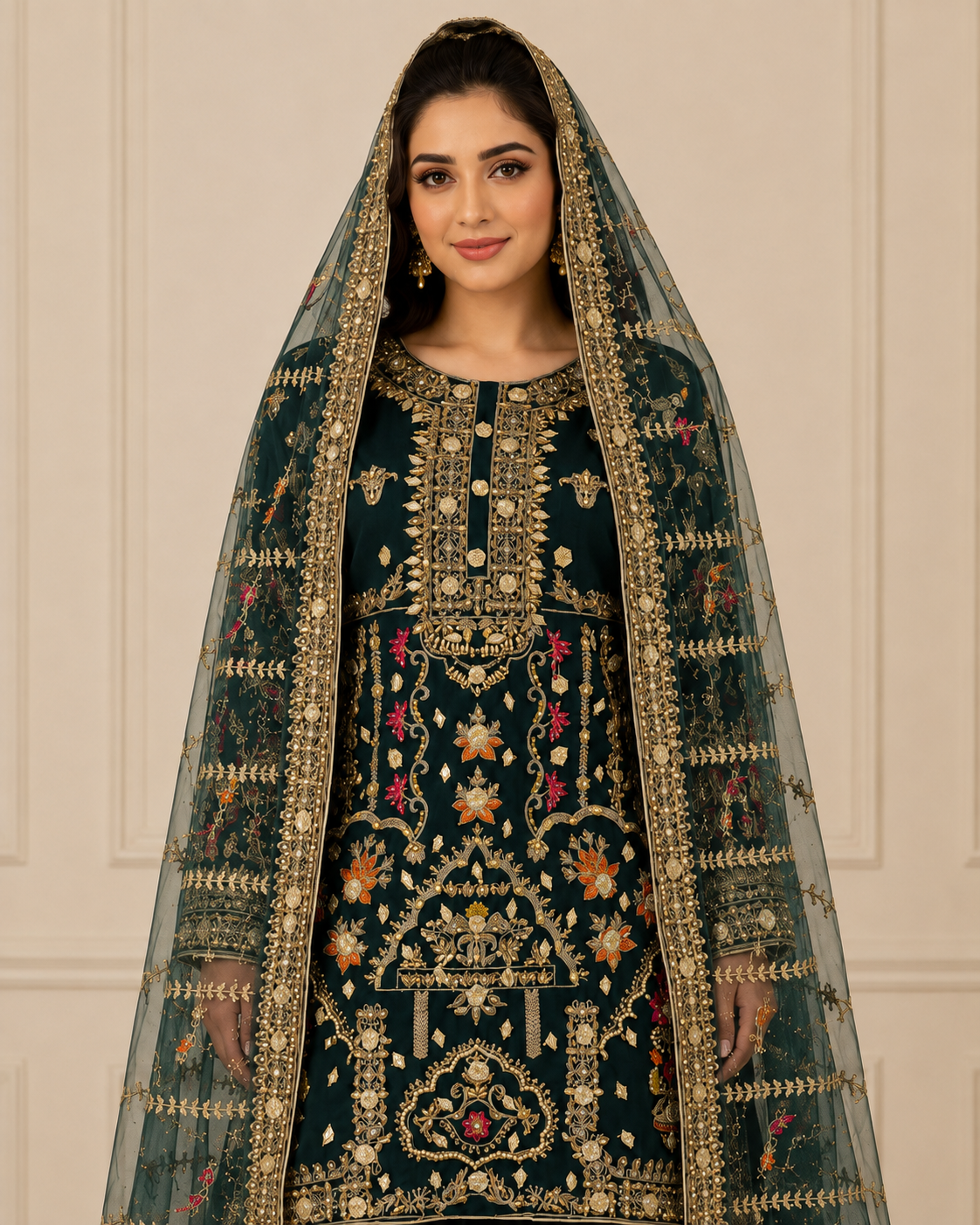 Bottle Green Handmade Mehndi Dress with Gharara