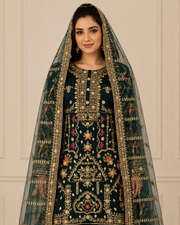 Bottle Green Handmade Mehndi Dress with Gharara