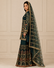 Bottle Green Handmade Mehndi Dress with Gharara