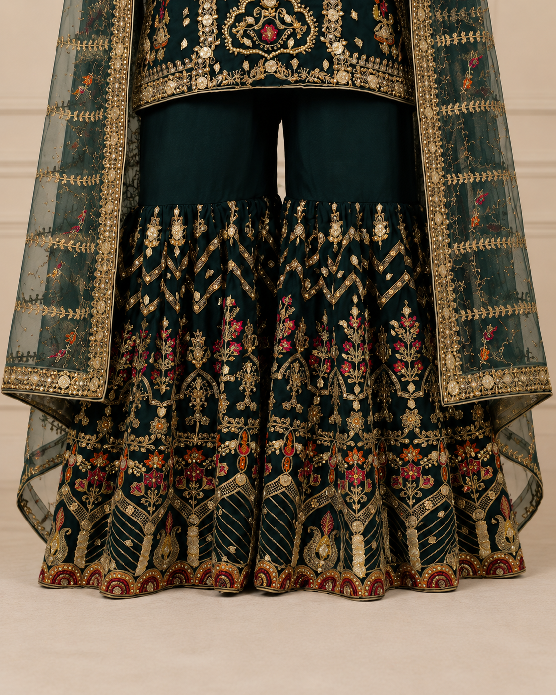 Bottle Green Handmade Mehndi Dress with Gharara