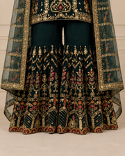 Bottle Green Handmade Mehndi Dress with Gharara