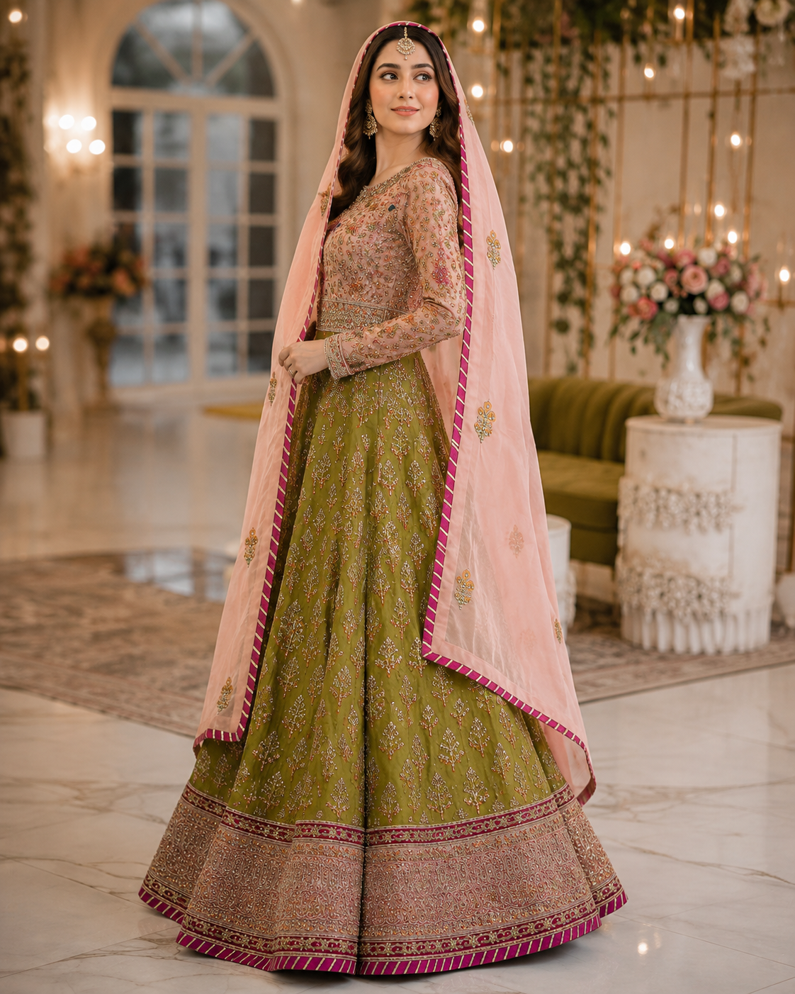 Olive Green Handmade Mehndi Dress Maxi