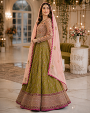 Olive Green Handmade Mehndi Dress Maxi