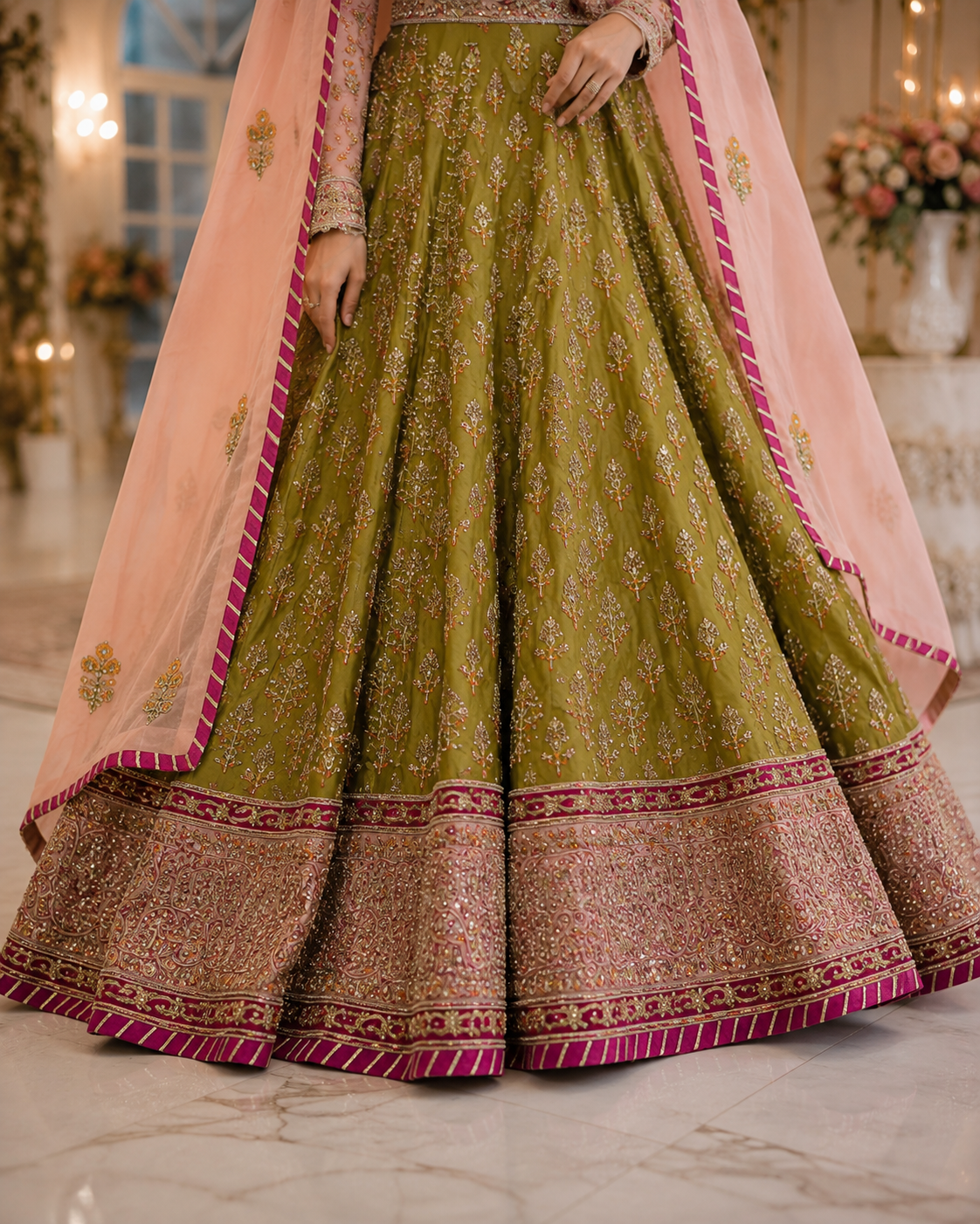Olive Green Handmade Mehndi Dress Maxi