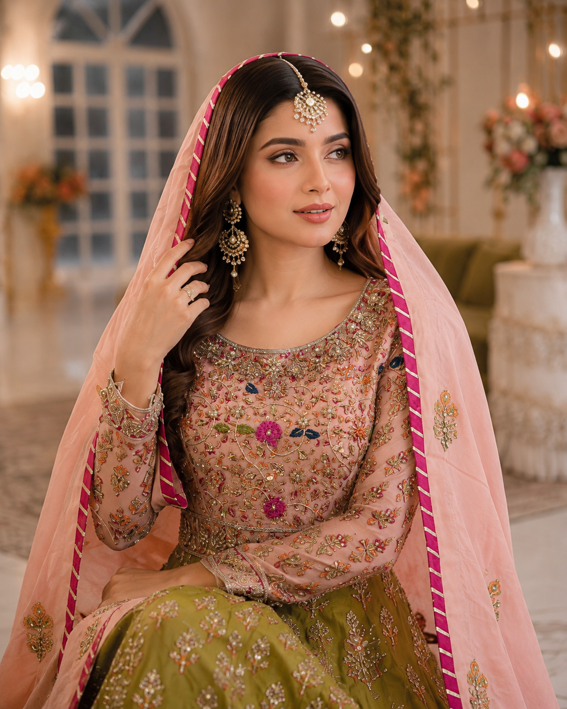 Olive Green Handmade Mehndi Dress Maxi