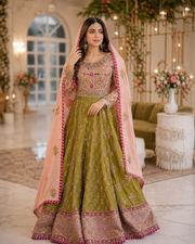 Olive Green Handmade Mehndi Dress Maxi