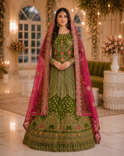 Olive Green Handmade Mehndi Dress Maxi with Fuchsia Dupatta