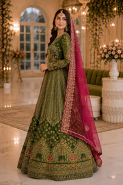 Olive Green Handmade Mehndi Dress Maxi with Fuchsia Dupatta