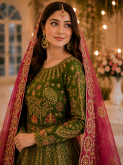 Olive Green Handmade Mehndi Dress Maxi with Fuchsia Dupatta