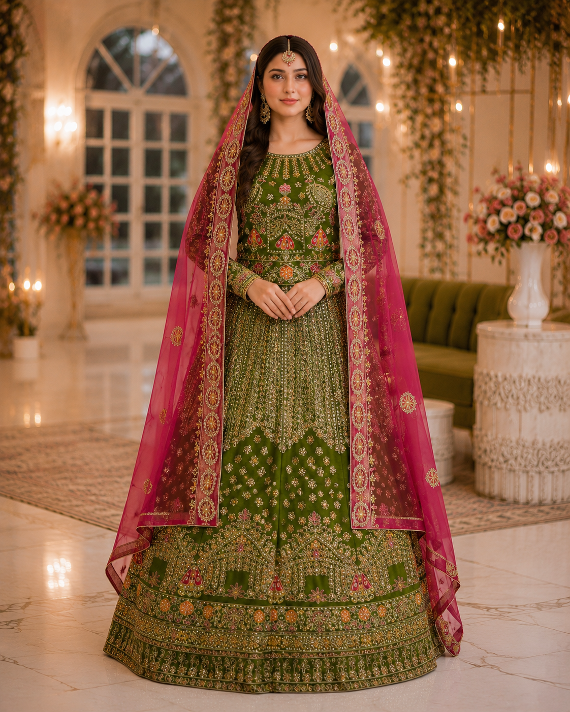 Olive Green Handmade Mehndi Dress Maxi with Fuchsia Dupatta