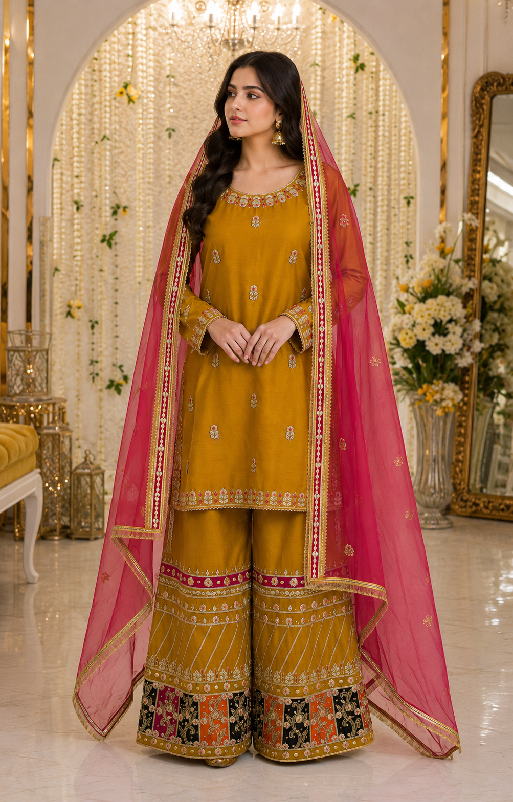 Mustard Handmade Mehndi Dress with Sharara