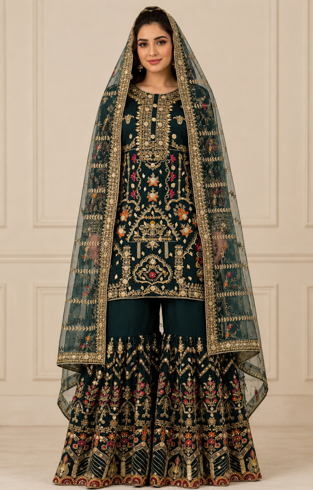Bottle Green Handmade Mehndi Dress with Gharara
