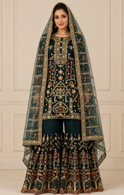 Bottle Green Handmade Mehndi Dress with Gharara
