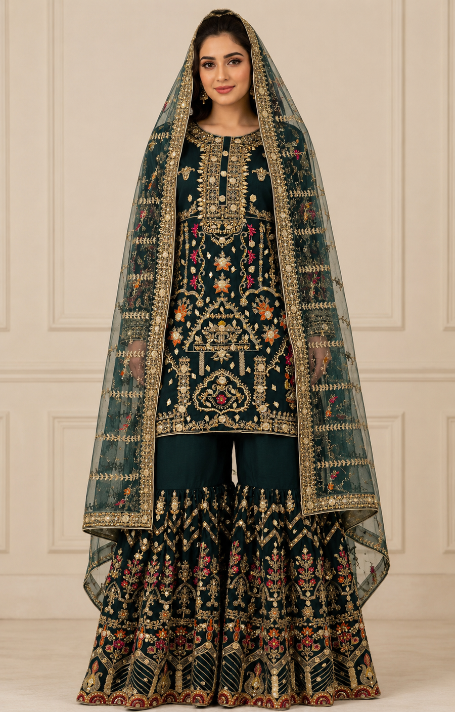 Bottle Green Handmade Mehndi Dress with Gharara