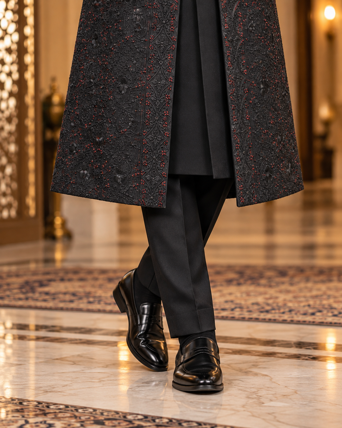 Luxury Black & Red Embroidered Groom Sherwani Full Set