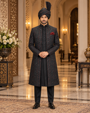 Luxury Black & Red Embroidered Groom Sherwani Full Set