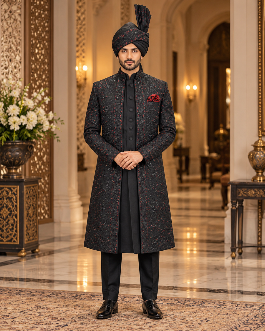 Luxury Black & Red Embroidered Groom Sherwani Full Set