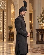 Luxury Black & Red Embroidered Groom Sherwani Full Set