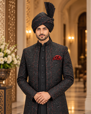 Luxury Black & Red Embroidered Groom Sherwani Full Set
